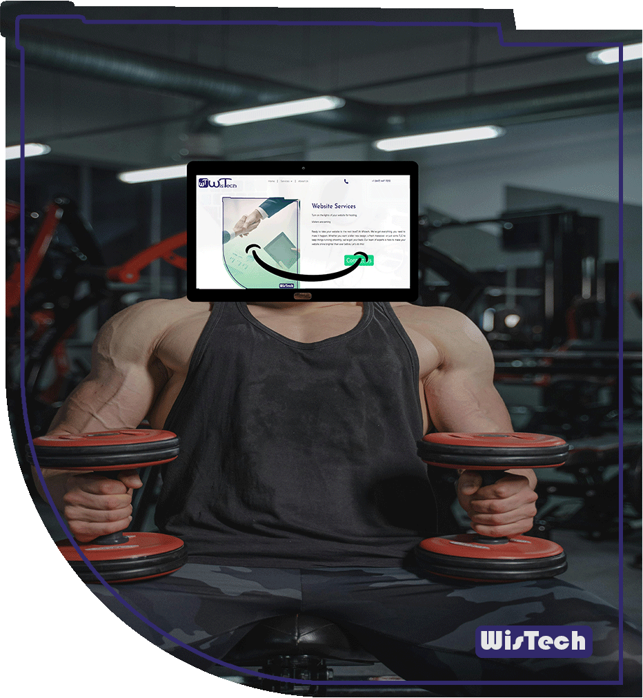A man Workouts with dumbbells' with the face of a tablet indicating Wistech's website, smiling